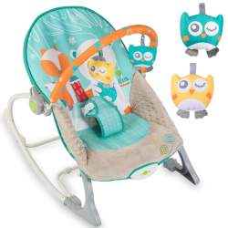 Scaun balansoar multifunctional pentru bebelusi cu jucarii si vibratii, alb/albastru