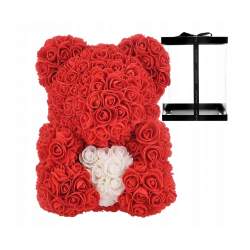 Ursulet Floral BIG 40 cm DeLuxe Rosu cu Inimioara Alba + cutie de cadou ManiaMagic