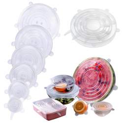 Set 6 capace din silicon reutilizabile pentru alimente, forma rotunda, diametru 6-18 cm, transparent