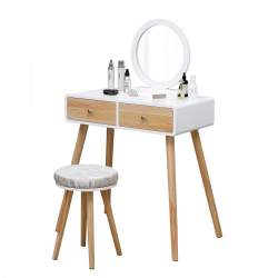 Masa de Toaleta din lemn de pin si MDF, cu Scaun, Oglinda rotunda si 2 Sertare, 80x125 cm, Alb