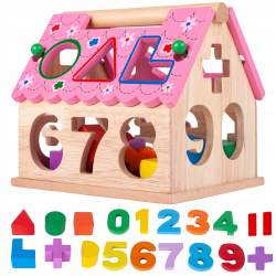 Casuta din lemn cu numere, semne matematice si Forme Geometrice 18x14.5x16 cm, multicolor
