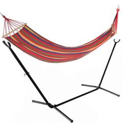 Hamac Rosu pentru 1 persoana, ideal pentru relaxare in gradina sau curte, 195x85cm, cu Suport Cadru Metalic, 250x110cm, culoare Negru