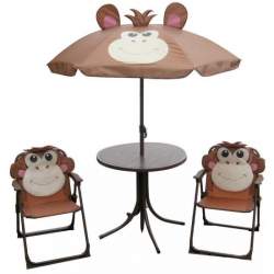 Set mobilier gradina/terasa pentru copii, pliabil, maro, model maimuta, 1 masa cu umbrela, 2 scaune, Melisenda MART-802551