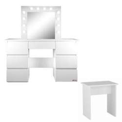 Masa de toaleta/machiaj + Taburet, alba, cu oglinda si LED-uri, Vanessa, 130x43x143 cm MART-54492S