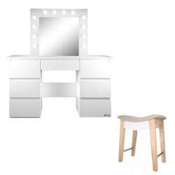 Masa de toaleta/machiaj + Taburet Vintage, alba, cu oglinda si LED-uri, Vanessa, 130x43x143 cm MART-54492SV