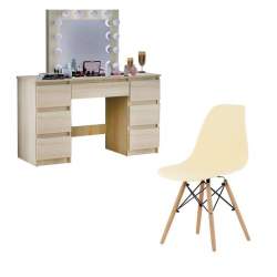 Masa de toaleta/machiaj + Scaun stil scandinav, Artool, Vanessa, stejar, cu oglinda si LED-uri, 130x43x143 cm MART-139014S