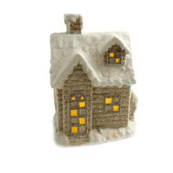 Decoratiune iarna, ceramica, casa cu ferestre luminate, alb si bej, LED, 3xAAA, 25x18x36 cm MART-GOT6930