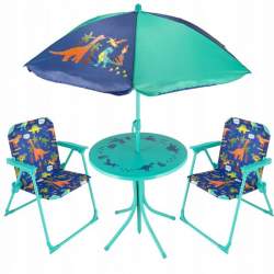 Set mobilier gradina/terasa pentru copii, pliabil, albastru, model dinozauri, 1 masa cu umbrela, 2 scaune, Ergos MART-OM-258631