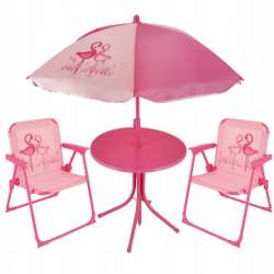 Set mobilier gradina/terasa pentru copii, pliabil, roz, model flamingo, 1 masa cu umbrela, 2 scaune, Ergos MART-OM-992016