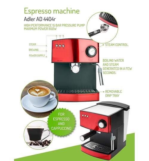 Espressor de Cafea si Capucinno Adler, Functie Spumare Lapte, Putere 850W, Rezervor Apa 1.6L Detasabil, Presiune 15 bar, Rosu