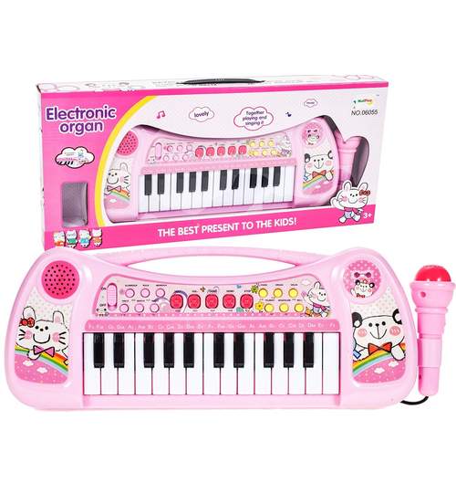 Orga Electronica cu 25 Clape si Microfon pentru Copii, Culoare Roz