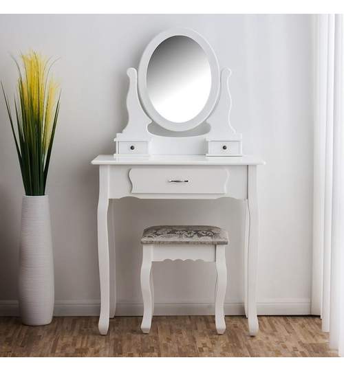 Set Masa Toaleta pentru Machiaj cu Oglinda Ovala si Sertare + Scaun, Stil Simplist, Culoare Alb