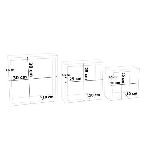 Set 3 Rafturi de Perete Cube Quad Patrate, Dimensiuni Diferite, Culoare Alb