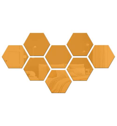 Set Oglinda Decorativa Acrilica din 8 Bucati Hexagonale, Culoare Auriu