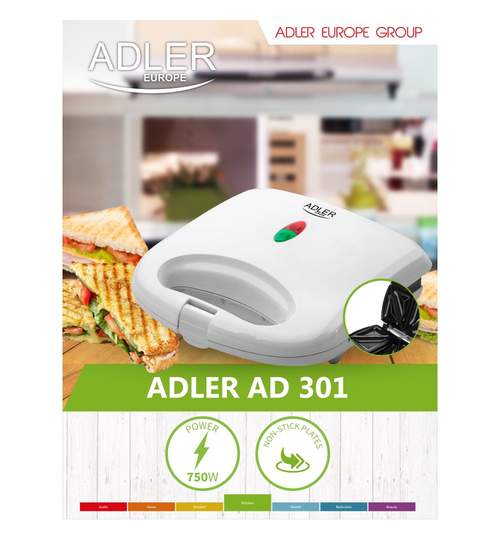 Aparat Sandwich Maker Adler, Putere 750W, Placi Non-Aderente, Culoare Alb