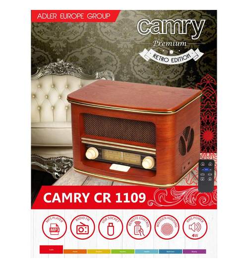 Centru Muzical Radio Retro Camry din Lemn cu CD Player, FM/LW, Putere 19W, USB, Telecomanda