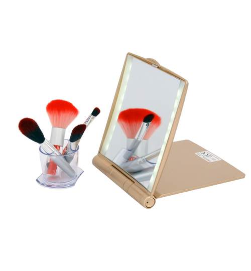 Oglinda Cosmetica Camry pentru Poseta cu Iluminare LED, Marire 3x, Ornament Swarovski, Culoare Auriu