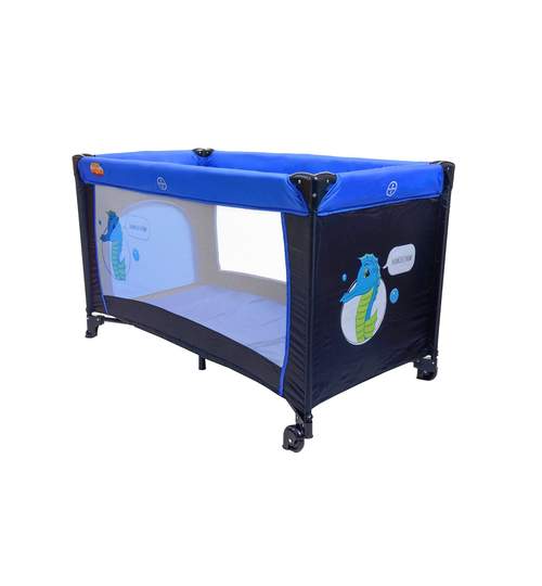 Patut Pliabil Portabil pentru Copii cu Intrare Laterala si Roti + Saltea si Plasa Insecte, Culoare Albastru
