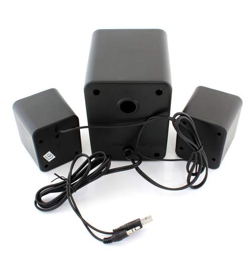 Sistem Audio 2.1, Putere 11W, 2 Boxe Stereo, Subwoofer, Alimentare USB pentru Laptop sau PC, Negru