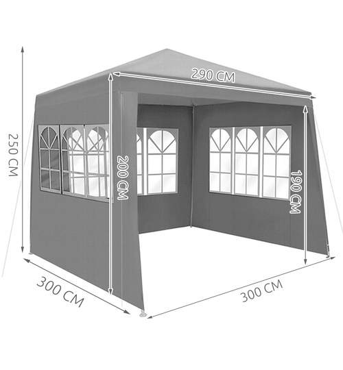 Cort pavilion pentru curte, gradina sau evenimente, pereti laterali cu ferestre, dimensiuni 3x3m, culoare Gri