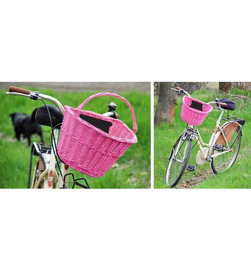 Cos pentru bicicleta portabil cu maner, model impletit cu montare pe ghidoane, Culoare Roz