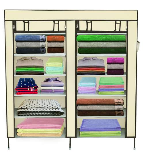 Dulap raft textil pentru depozitare incaltaminte, imbracaminte sau accesorii, 6 nivele, 12 rafturi, culoare Bej
