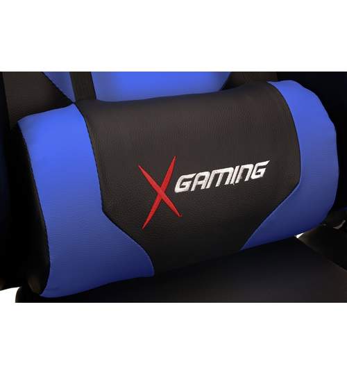 Scaun gaming de birou, cu suport lombar si cervical, reglabil, rotativ, culoare negru/albastru