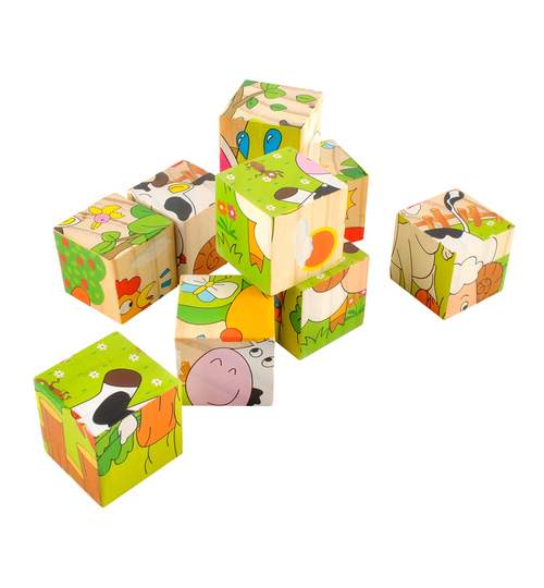 Set 6 in 1 cuburi Puzzle din lemn pentru copii, 6 imagini
