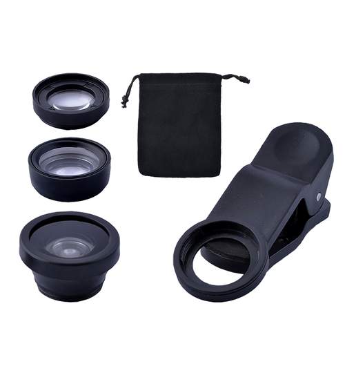 Set Lentile Obiectiv 3-in-1 pentru Foto Telefoane sau Tablete, culoare Negru