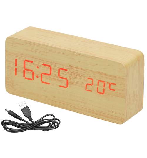 Ceas digital din MDF si PVC cu senzor sunet, alarma, afisaj LCD ora, data si temperatura + cablu USB