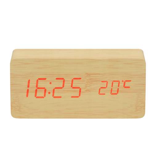Ceas digital din MDF si PVC cu senzor sunet, alarma, afisaj LCD ora, data si temperatura + cablu USB