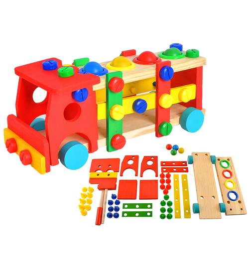 Set Montessori Camion din Lemn Multicolor cu Ciocan si Surubelnita, Dimensiuni 29x10.5x11cm