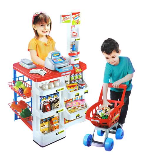 Set pentru copii supermarket cu casa de marcat, scanner, rafturi, carucior si alte accesorii