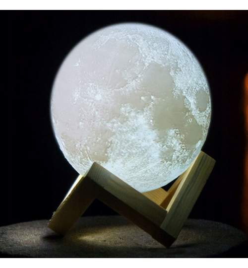 Lampa LED model Luna 3D lumina RGB cu suport din lemn si telecomanda