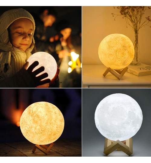 Lampa LED model Luna 3D lumina RGB cu suport din lemn si telecomanda