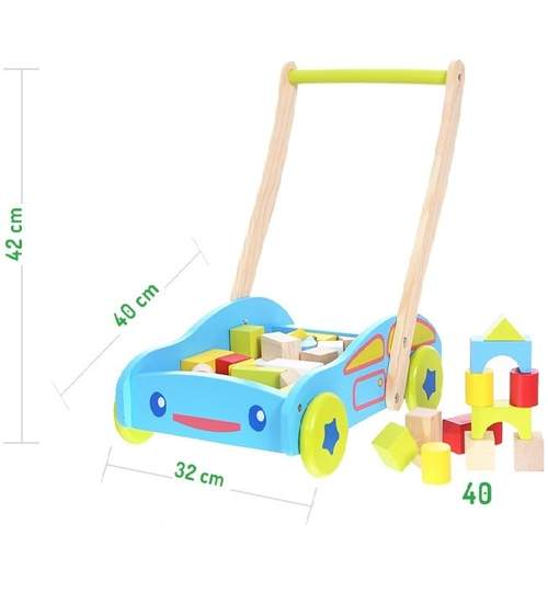 
Carucior antepremergator din lemn pentru copii cu 40 forme geometrice, culoare albastru
