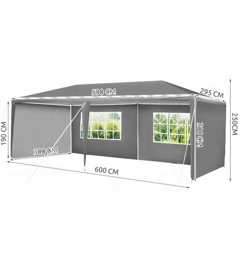 Cort pavilion pentru curte, gradina sau evenimente + pereti laterali cu ferestre, dimensiuni 3x6m, culoare Gri