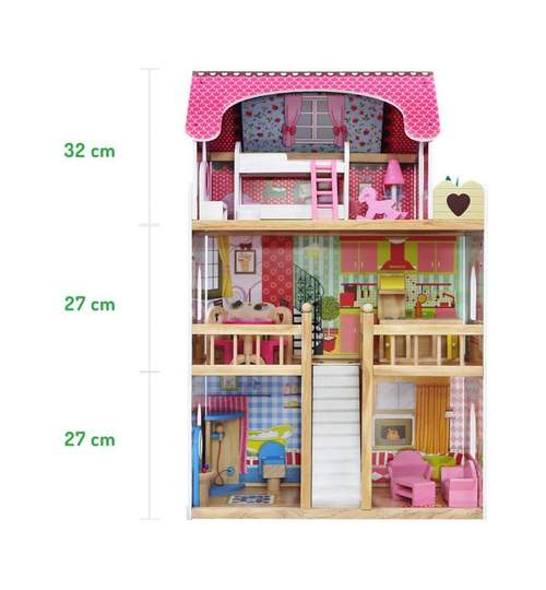 Jucarie tip casa mare din lemn pentru copii, pe 3 nivele cu 5 camere si accesorii, doua papusi, 59x33x90cm