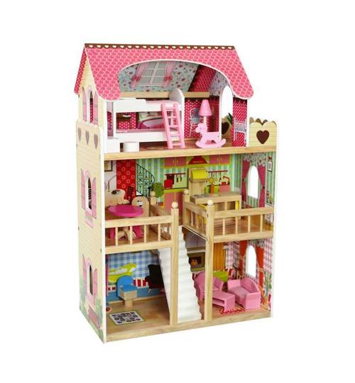 Jucarie tip casa mare din lemn pentru copii, pe 3 nivele cu 5 camere si accesorii, doua papusi, 59x33x90cm
