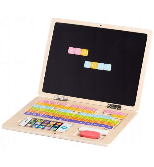 Laptop din lemn pentru copii, cu 78 elemente magnetice