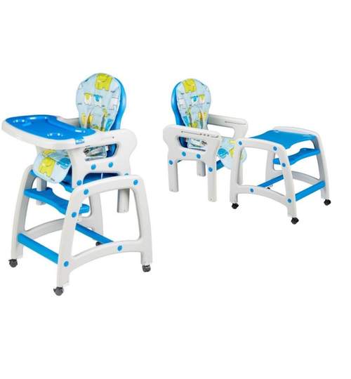Scaun inalt de masa pentru copii 2in1, cu roti si spatar reglabil, culoare alb/albastru