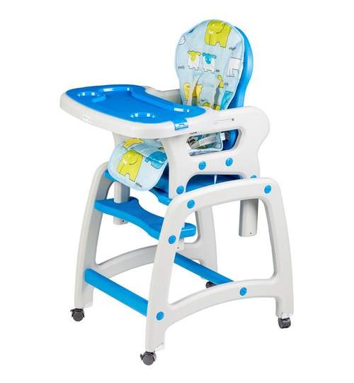 Scaun inalt de masa pentru copii 2in1, cu roti si spatar reglabil, culoare alb/albastru