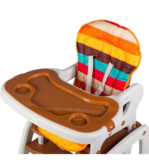 Scaun inalt de masa pentru copii 3in1, cu roti, spatar si tava reglabile, culoare alb/maro