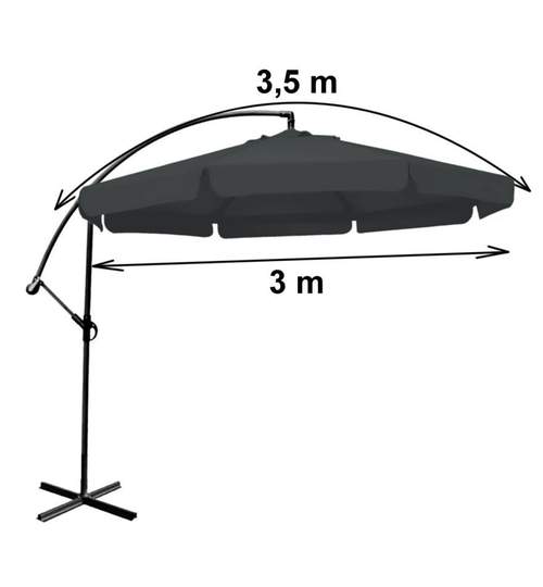 Umbrela pliabila cu suport pentru terasa, curte sau gradina, diametru 350cm, culoare gri