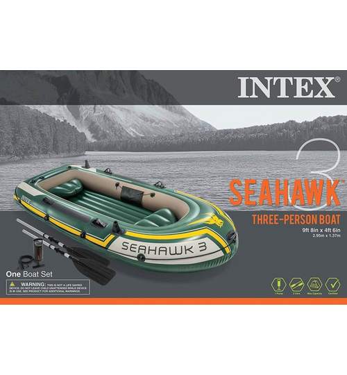 Barca Gonflabila Intex SeaHawk 3 cu 2 Scaune, Vasle si Pompa Incluse pentru Pescuit, Rafting sau Agrement