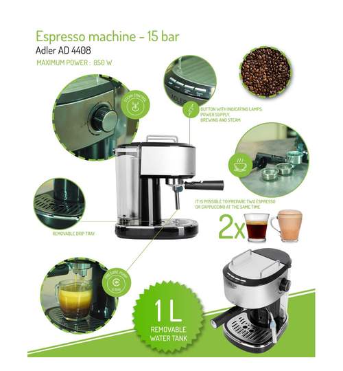 Espressor de Cafea Adler, Functie Spumare Lapte, Putere 850W, Rezervor Detasabil Apa 1L, Presiune 15 Bar, Gri/Negru