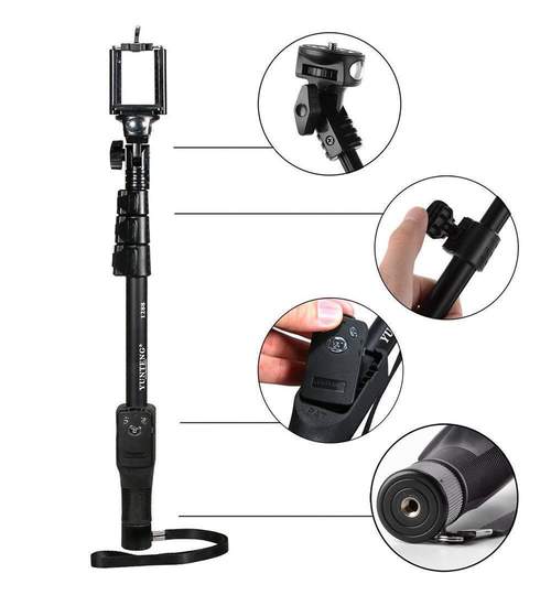 Selfie Stick Telescopic cu Suport Trepied si Telecomanda Bluetooth pentru Fotografii, Lungime Maxima 125cm