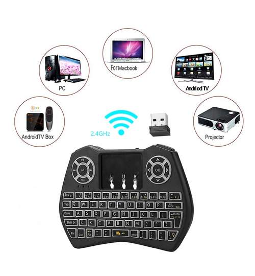 Mini Tastatura QWERTY Wireless Iluminata LED RGB pentru PC, Laptop, Tableta, Xbox, Smart TV, Play Station, Raza 10m
