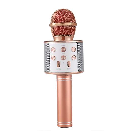Microfon Wireless, Bluetooth cu Difuzor si Efecte pentru Karaoke, USB, AUX, MicroSD, Rose