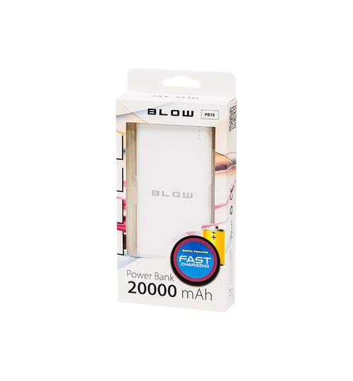 Baterie Externa Power Bank 20000mAh, 2xUSB, protectie la supraincarcare si scurtcircuit, culoare alb